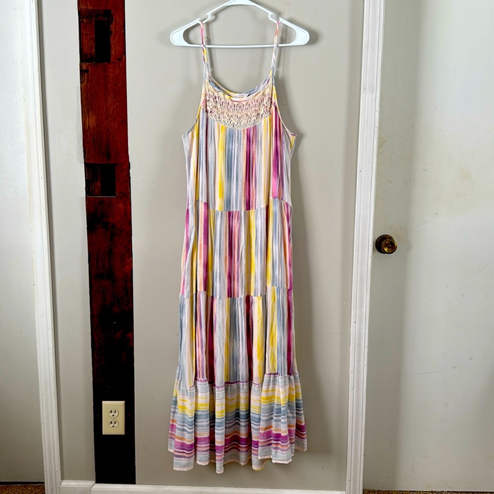 LC Lauren Conrad Multicolor Striped Crochet-Trim Maxi Dress